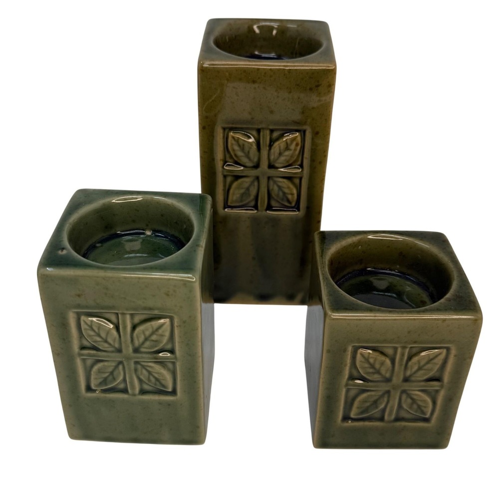 3 Pc Leaf Candle Holder Set MCM Ceramic Candleholder Set Vintage Tealight Votive - Picture 3 of 9